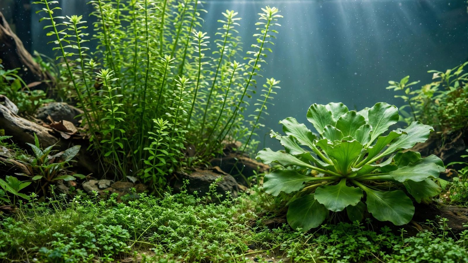 Neatly shaped stem plants and carpet in a well-maintained aquascape