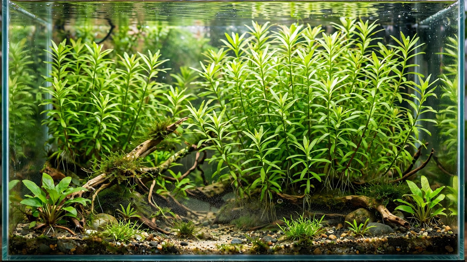 Bright green Hygrophila polysperma stems forming a dense background wall in an aquarium