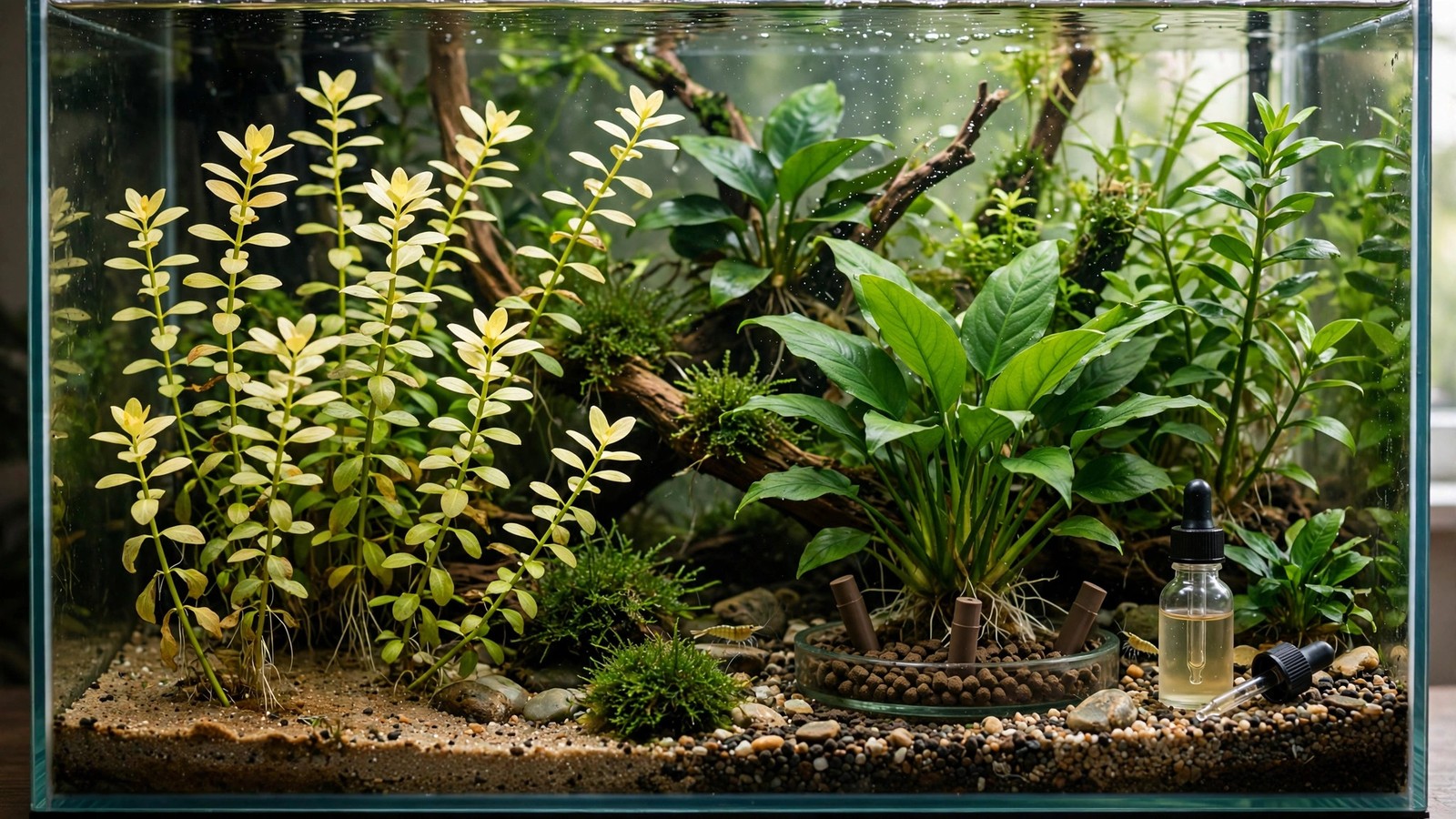Aquarium stem plant with pale chlorotic new leaves from iron deficiency