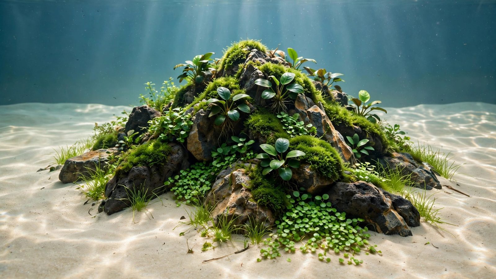 Island-style aquascape with a central rock mound surrounded by open sand