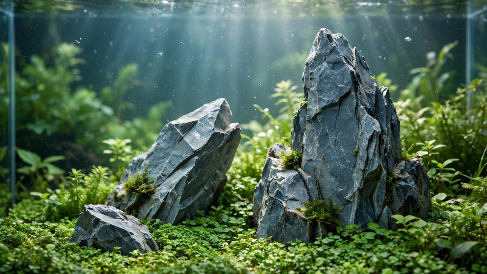 Minimalist iwagumi aquascape with seiryu stones and low green carpet