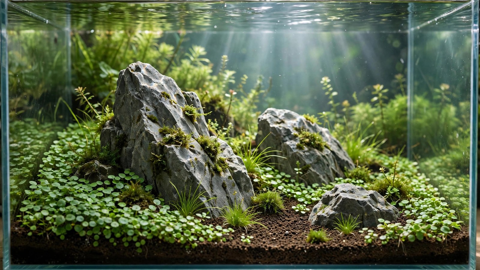 Minimalist iwagumi aquascape with three stones rising from a green Monte Carlo carpet