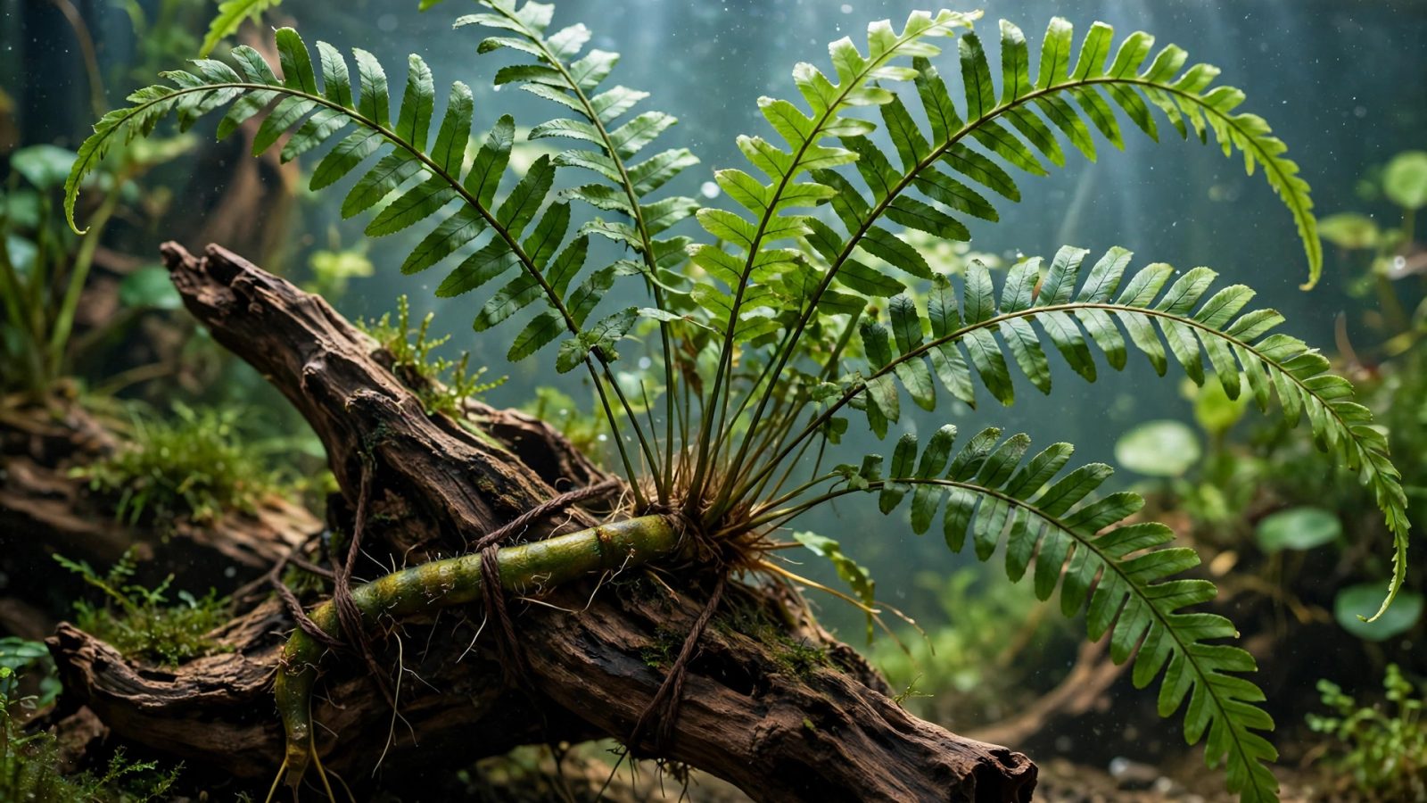 Java fern with green wavy leaves attached to driftwood in aquarium
