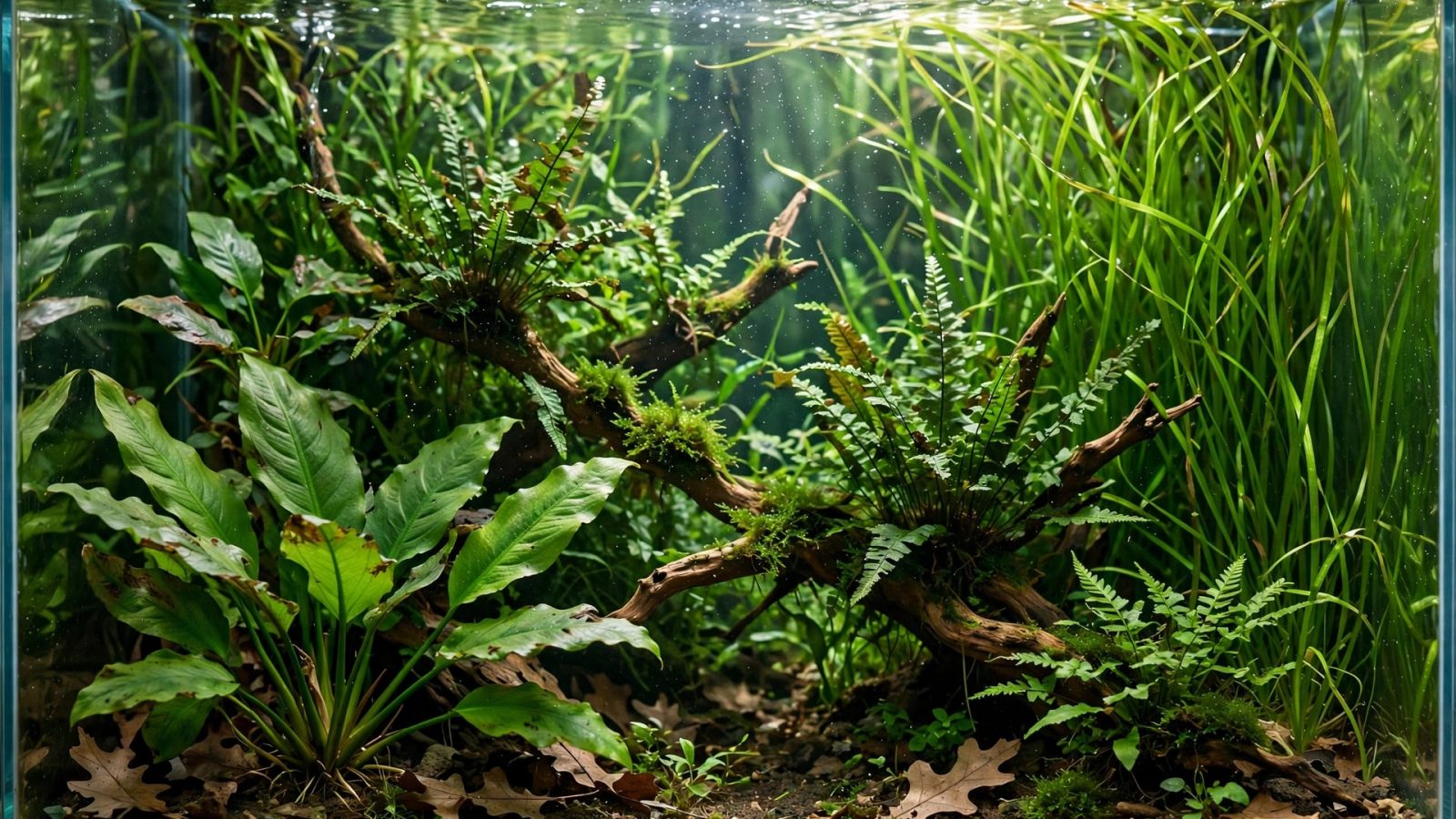 Overgrown jungle-style aquarium filled with amazon swords and java fern
