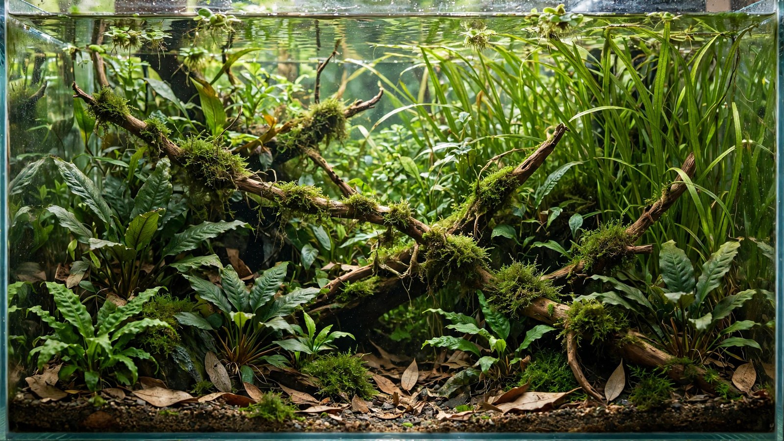 Dense jungle aquascape with layered Amazon swords, crypts, and floating plants
