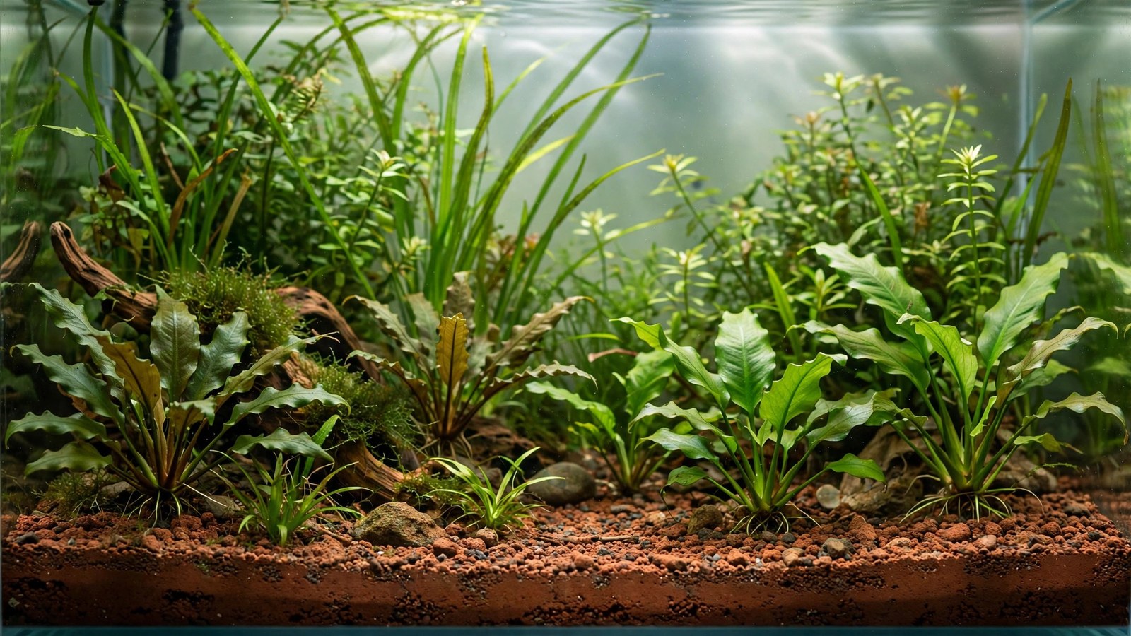 Red laterite clay base layer visible beneath gravel in a planted aquarium cross-section