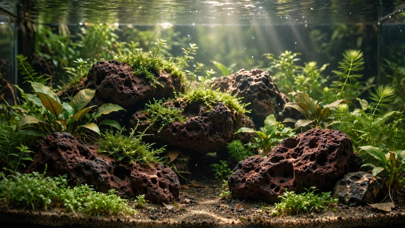 Black lava rock structure covered in green moss in a planted aquarium