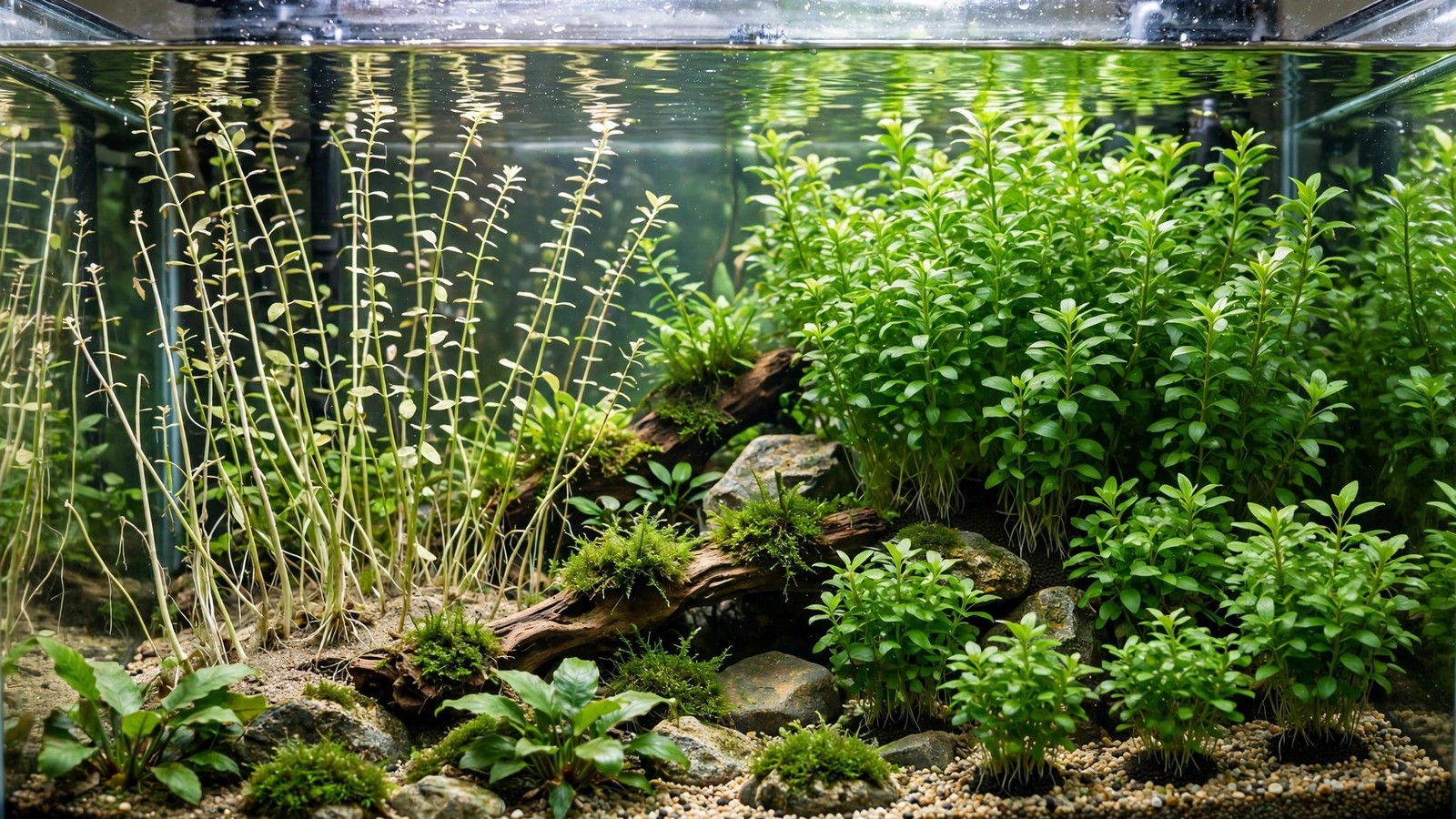 Leggy aquarium stem plants with bare lower stems and top growth