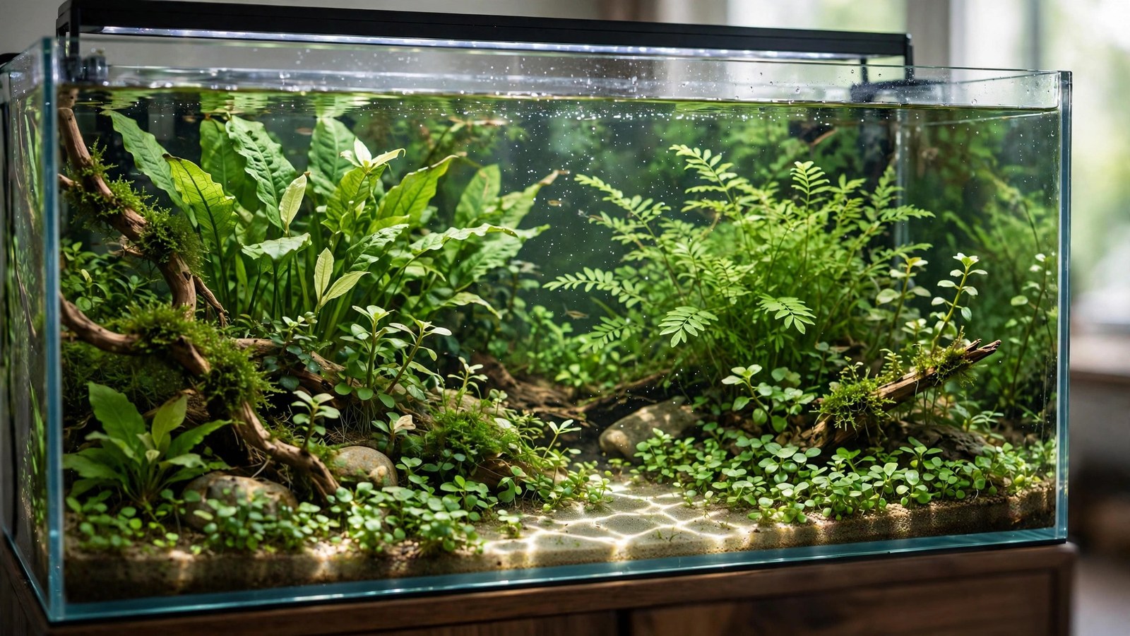 Newly planted aquarium running at dimmed light during acclimation period