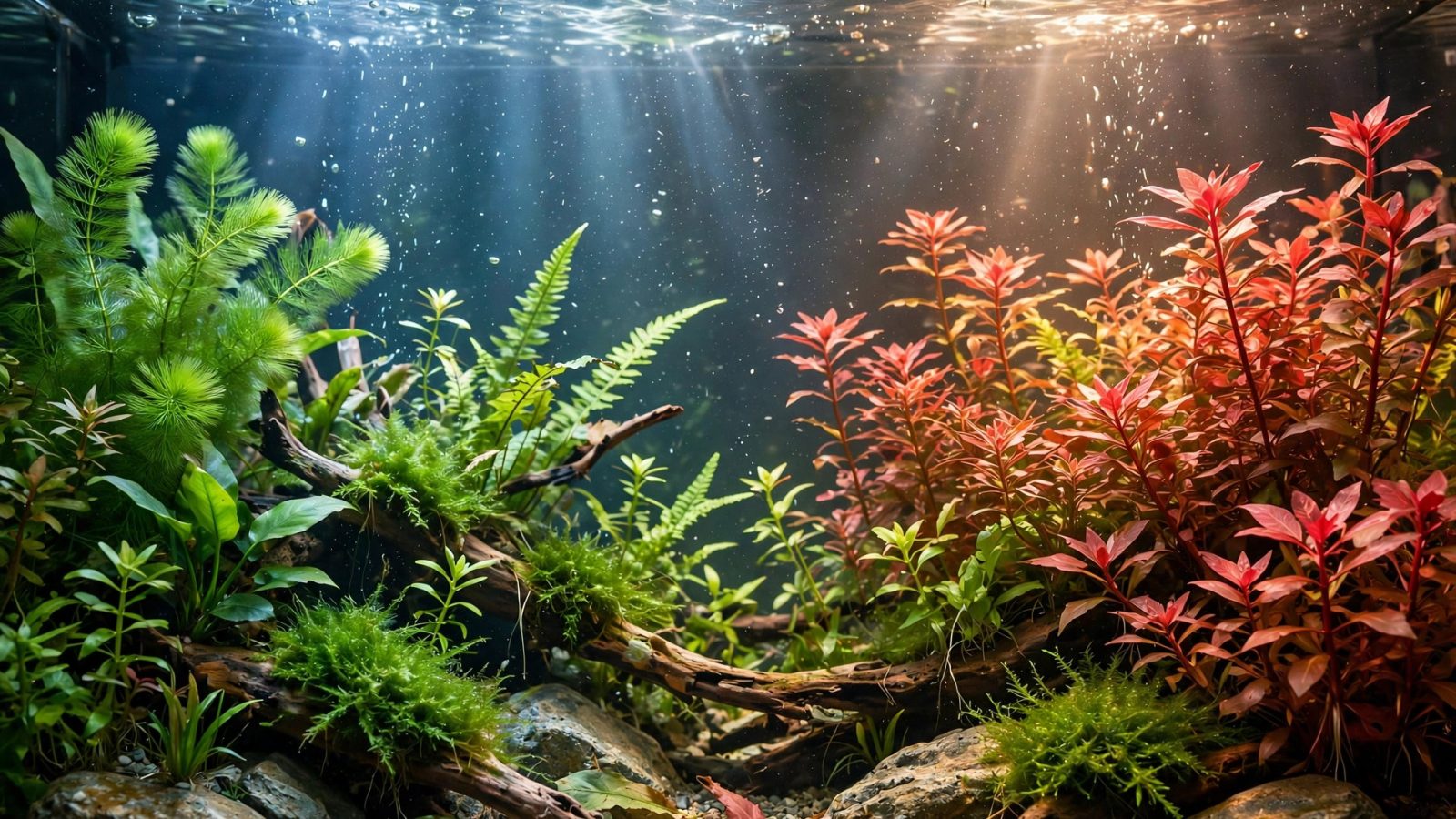 Planted aquarium with vivid red and green plants under full-spectrum lighting