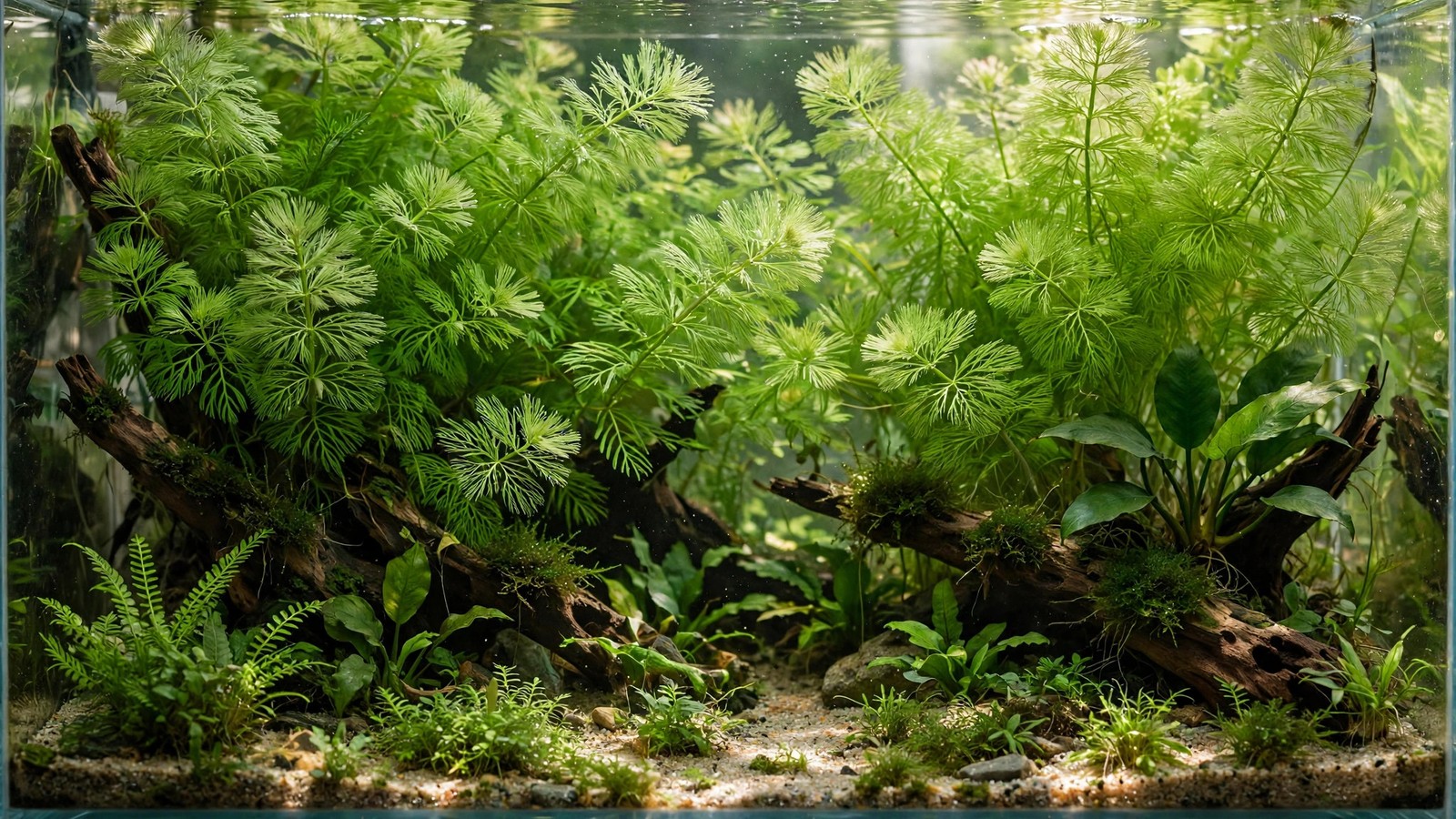 Feathery Limnophila sessiliflora stems creating a soft green background in an aquascape