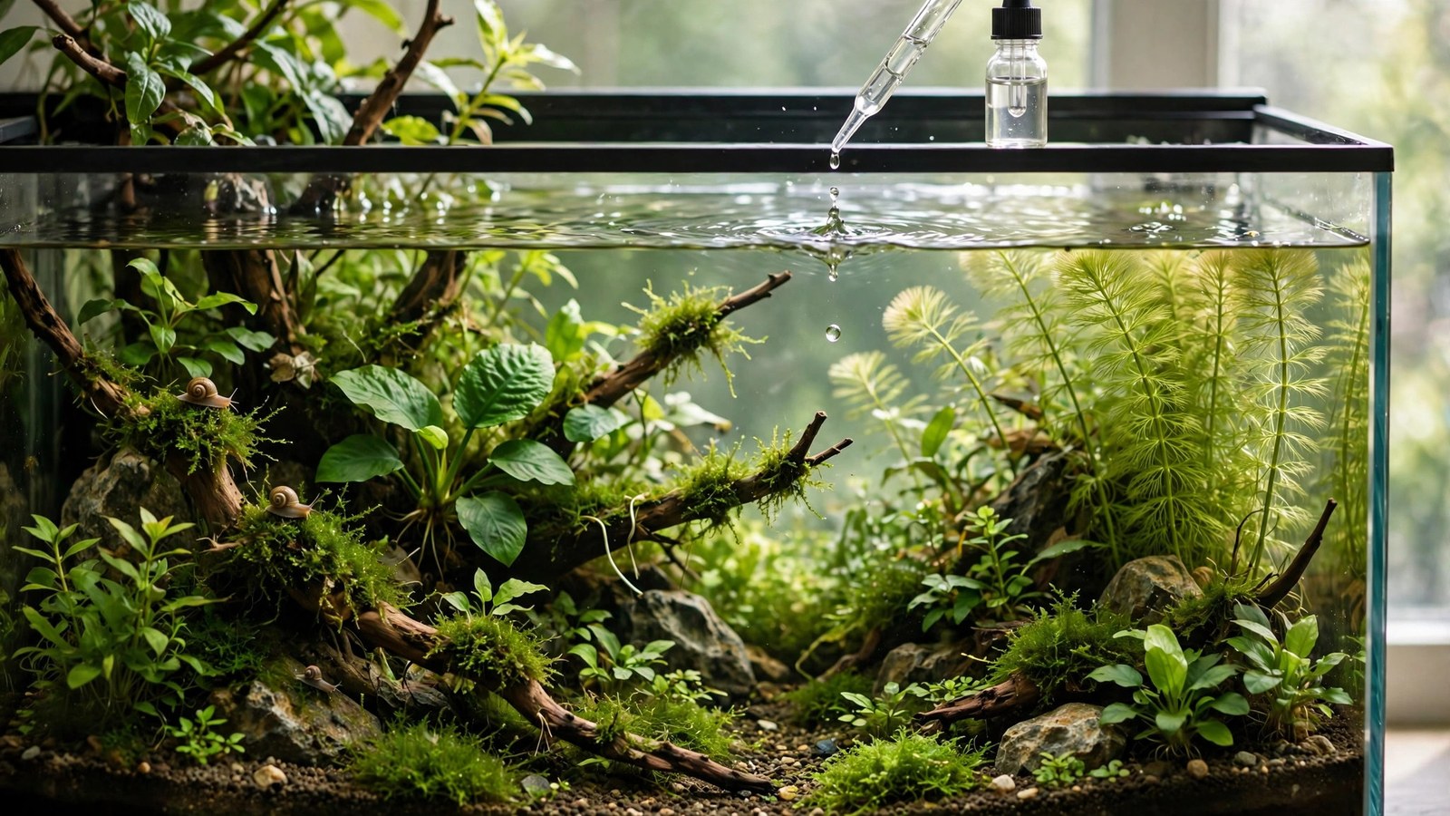 Syringe dosing liquid carbon supplement into a planted aquarium