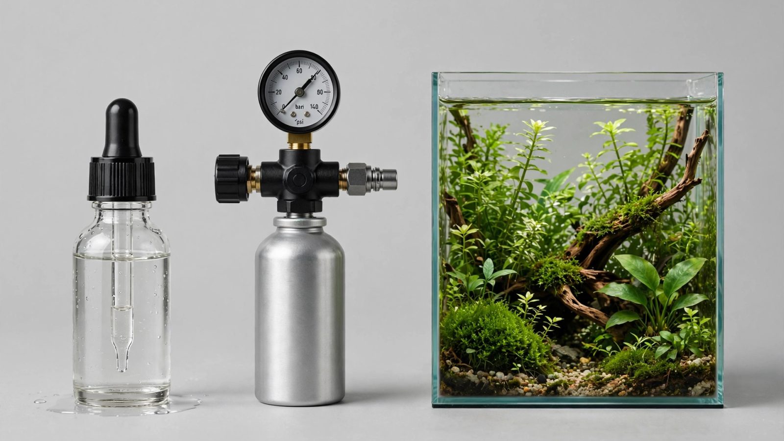 Liquid fertilizer dosing bottle beside a pressurized CO2 cylinder near a planted tank