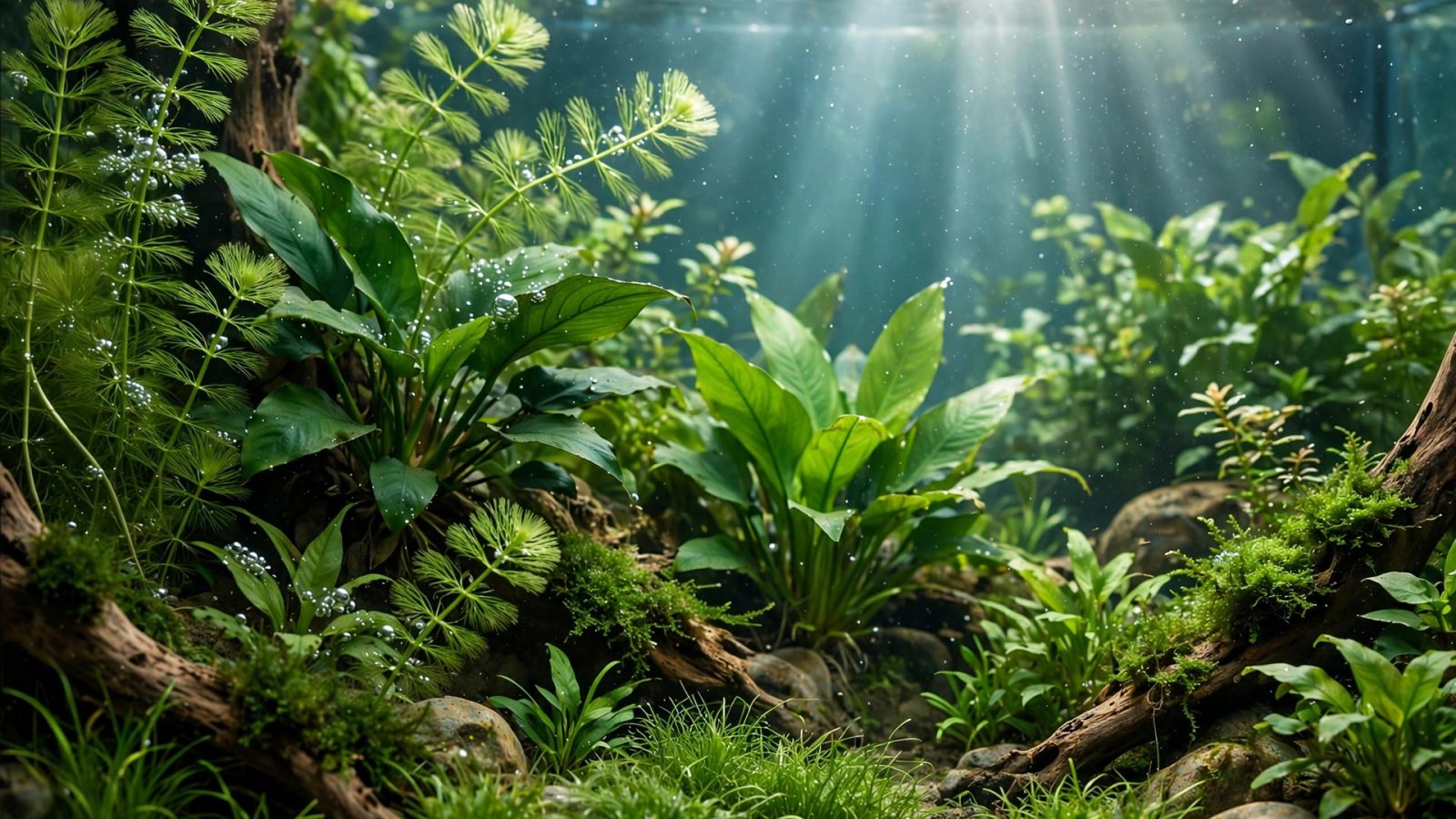 Green aquarium plants with strong root zone and healthy water-column leaves