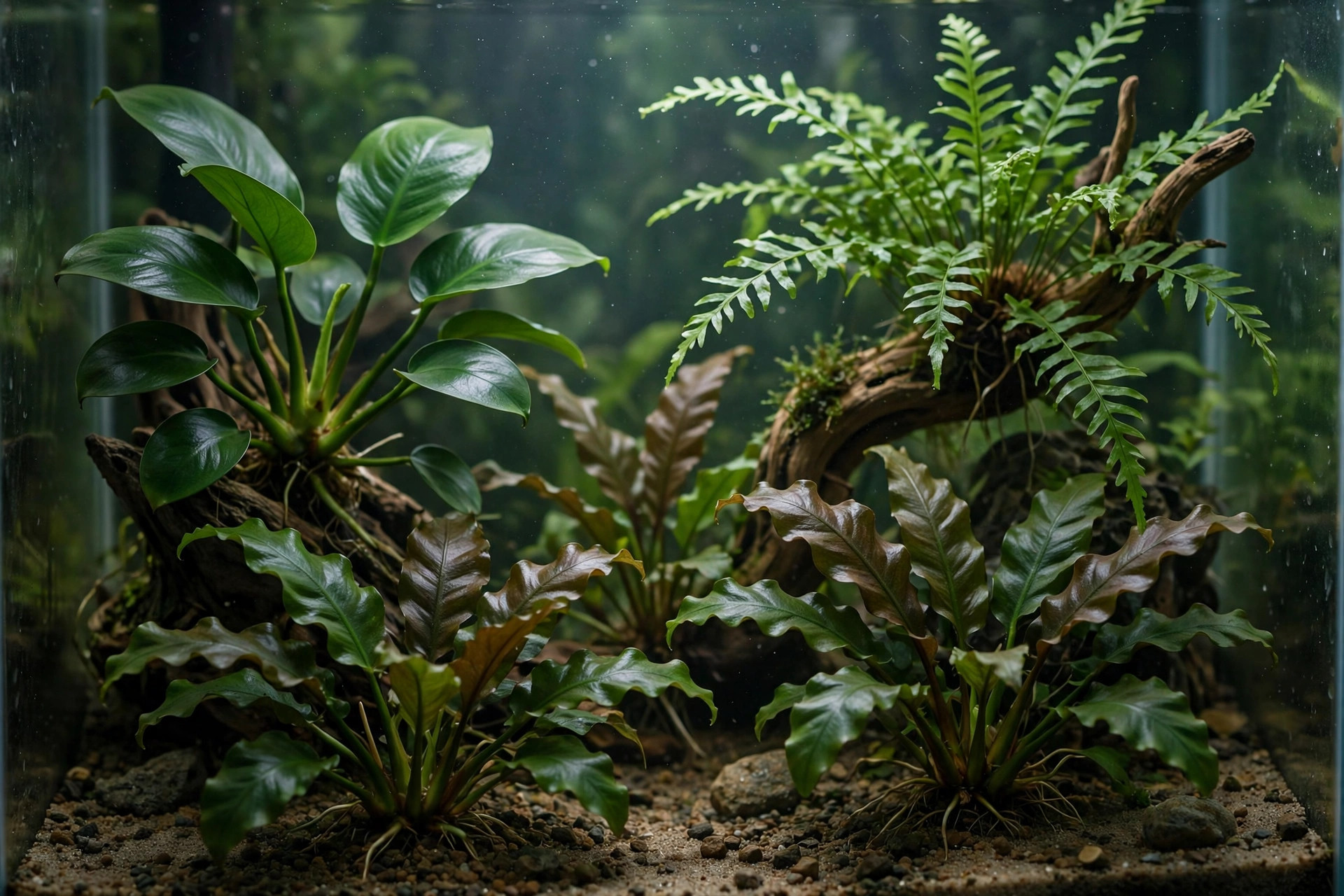 Low-light aquarium with anubias and java fern thriving under dim lighting