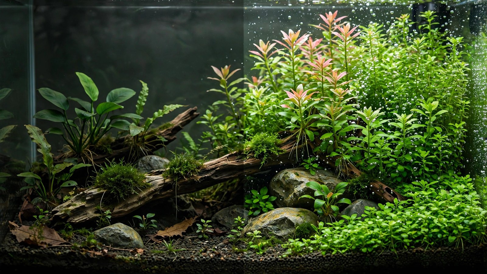 Split view of a lush low-tech tank and a vibrant high-tech aquascape
