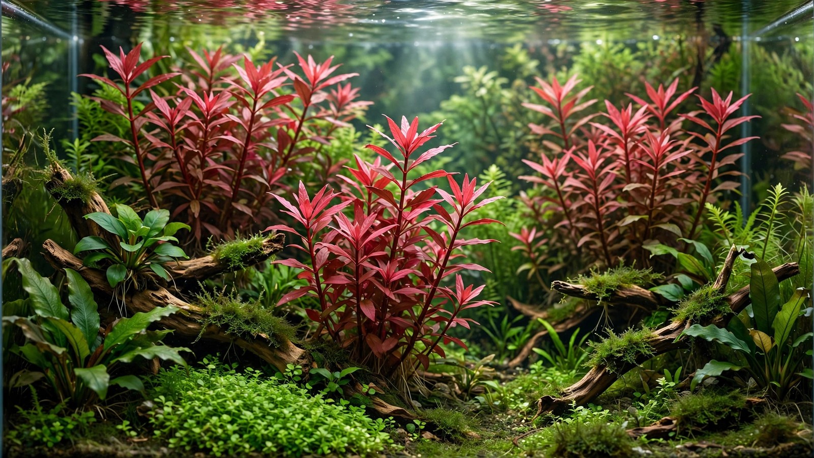Dense block of crimson Ludwigia Super Red stems as a focal point in a planted tank