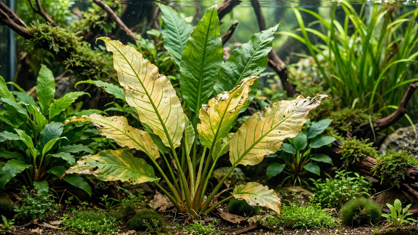 Aquarium plant leaf with interveinal yellowing from magnesium deficiency