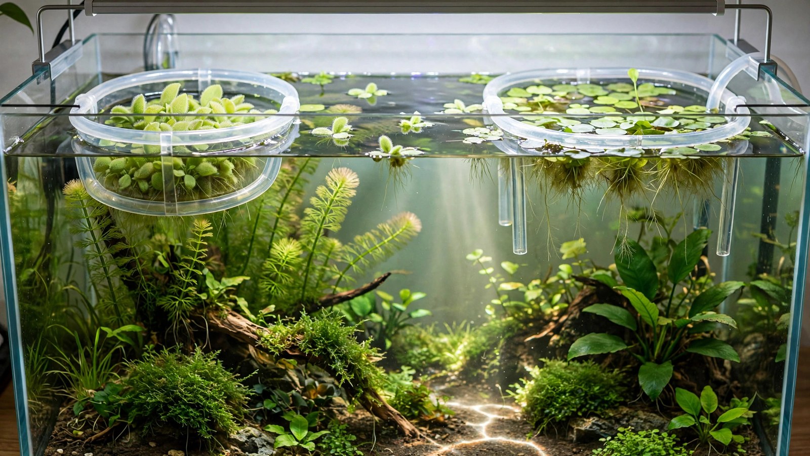 Frogbit floating plants contained in an airline tubing corral