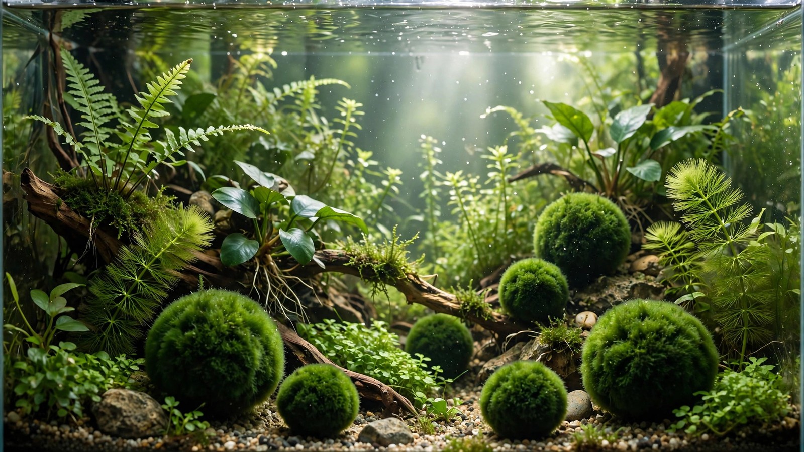 Round green marimo moss balls resting on aquarium substrate in soft light