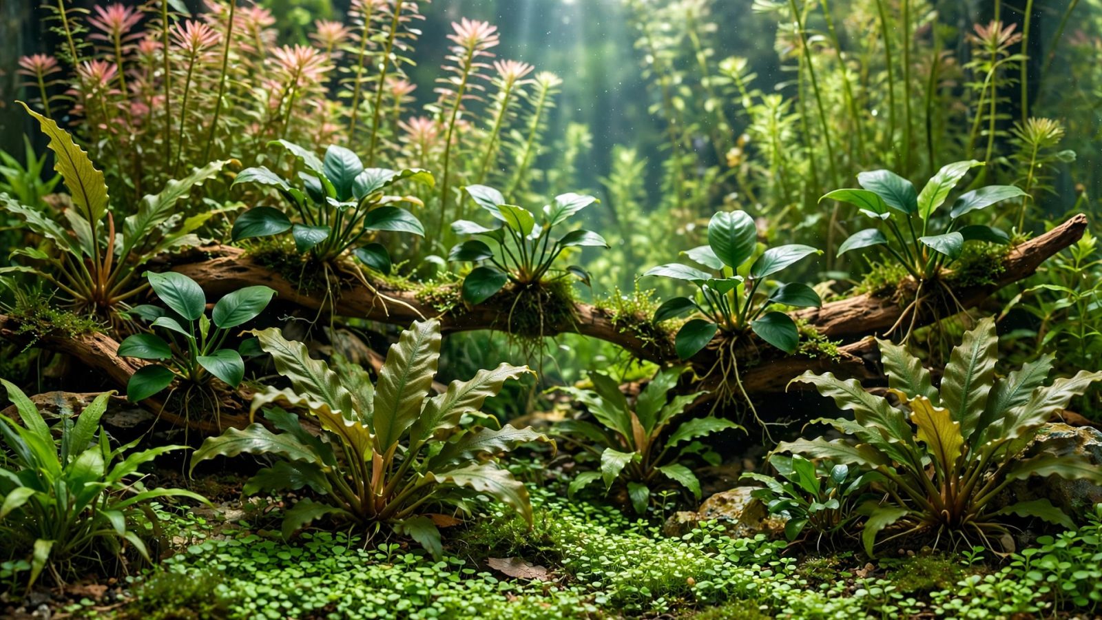 Layered aquascape with cryptocoryne midground between carpet and tall stems