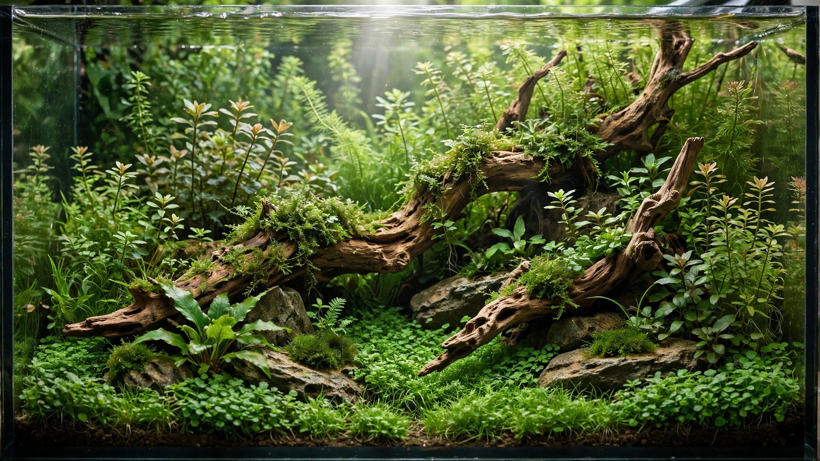 Lush Nature Aquarium aquascape with driftwood forest, carpeted foreground, and schooling tetras