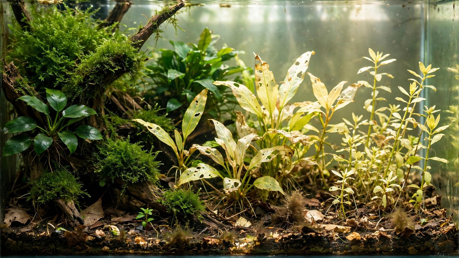 Mature planted aquarium with tired declining sword plants