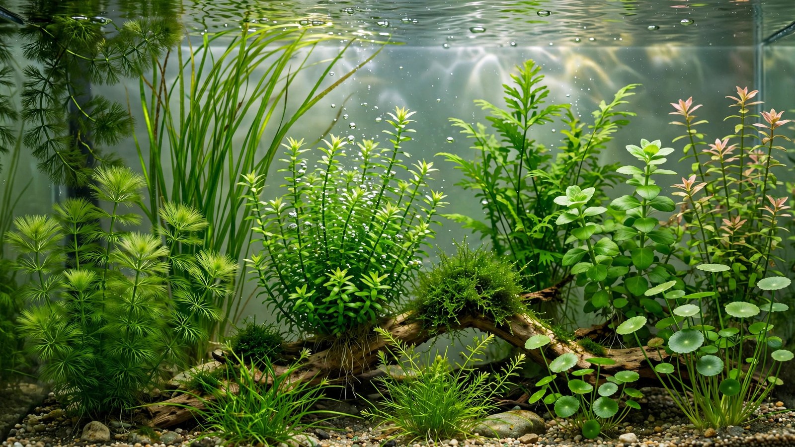 Hornwort releasing streams of oxygen bubbles while pearling in bright light