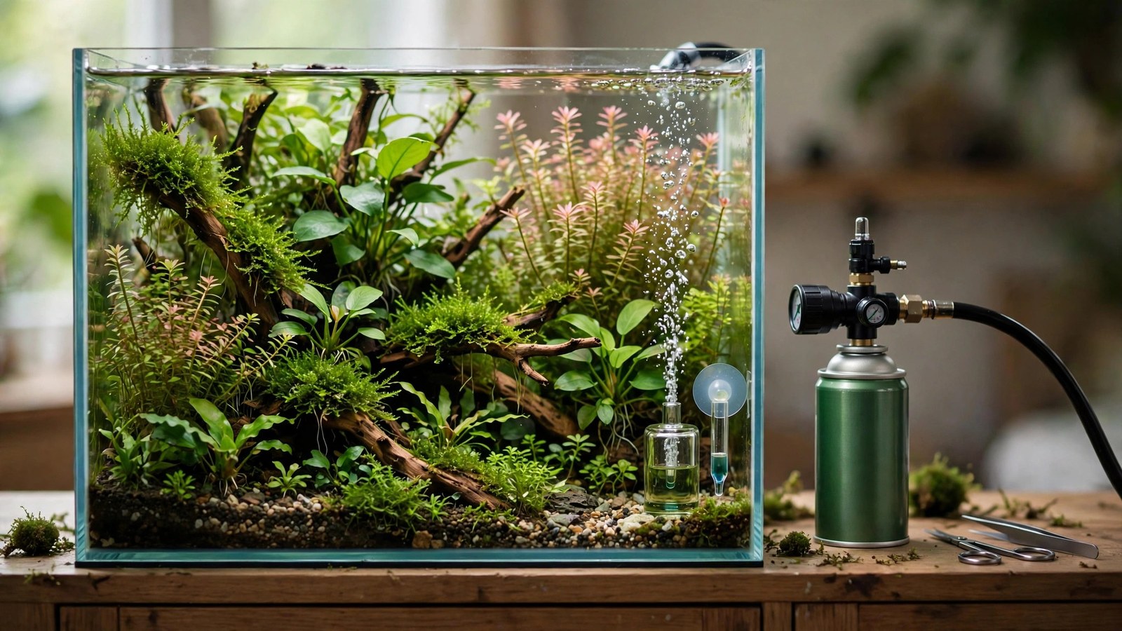 Compact paintball CO2 tank with mini regulator beside a nano planted tank