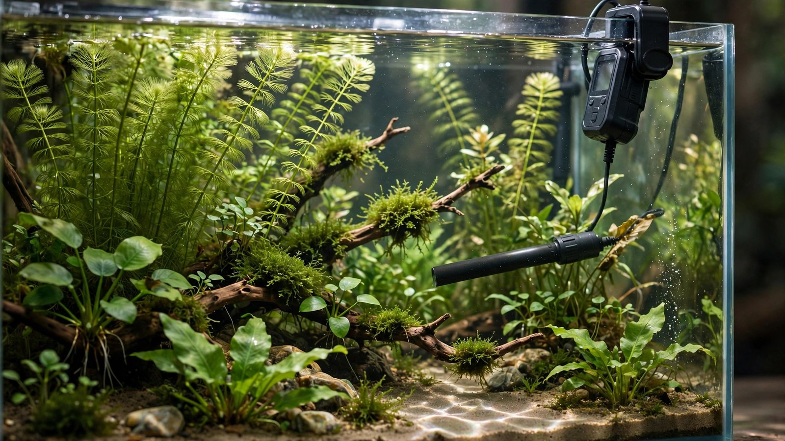 PAR meter sensor submerged measuring light at aquarium substrate level