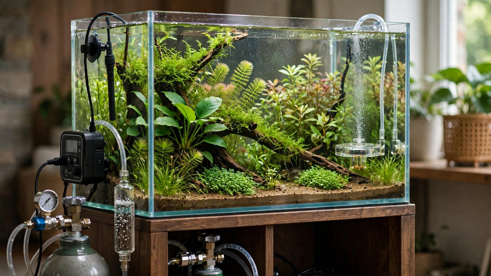 Digital pH controller display with probe cable beside a planted aquarium