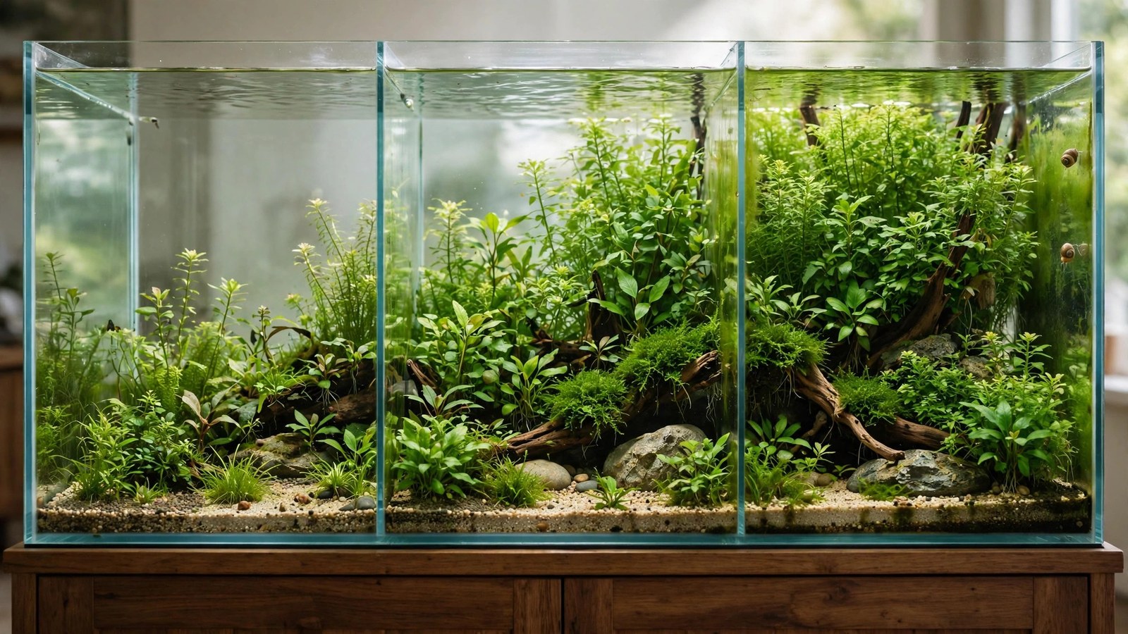Timer-controlled aquarium lights over a planted tank mid-photoperiod