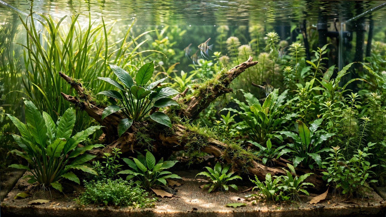 Silver angelfish patrolling a tall planted tank with vallisneria curtain and Amazon swords