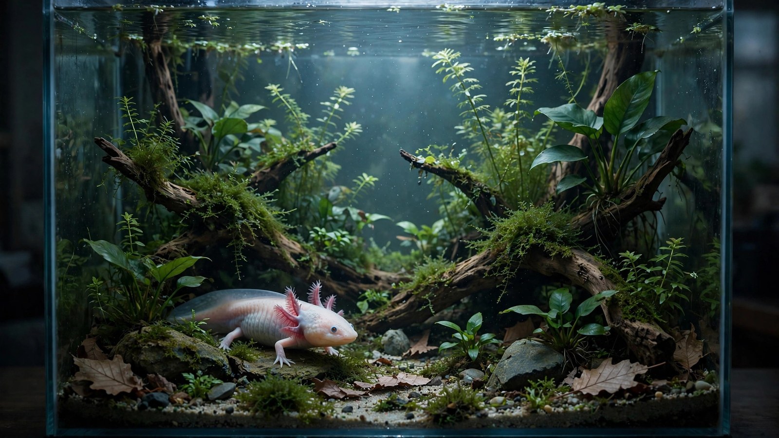 Axolotl resting among anubias and moss-covered driftwood in a dim cold-water tank
