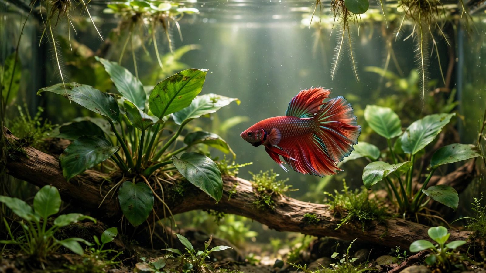 Planted betta aquarium with red betta fish among anubias and floaters