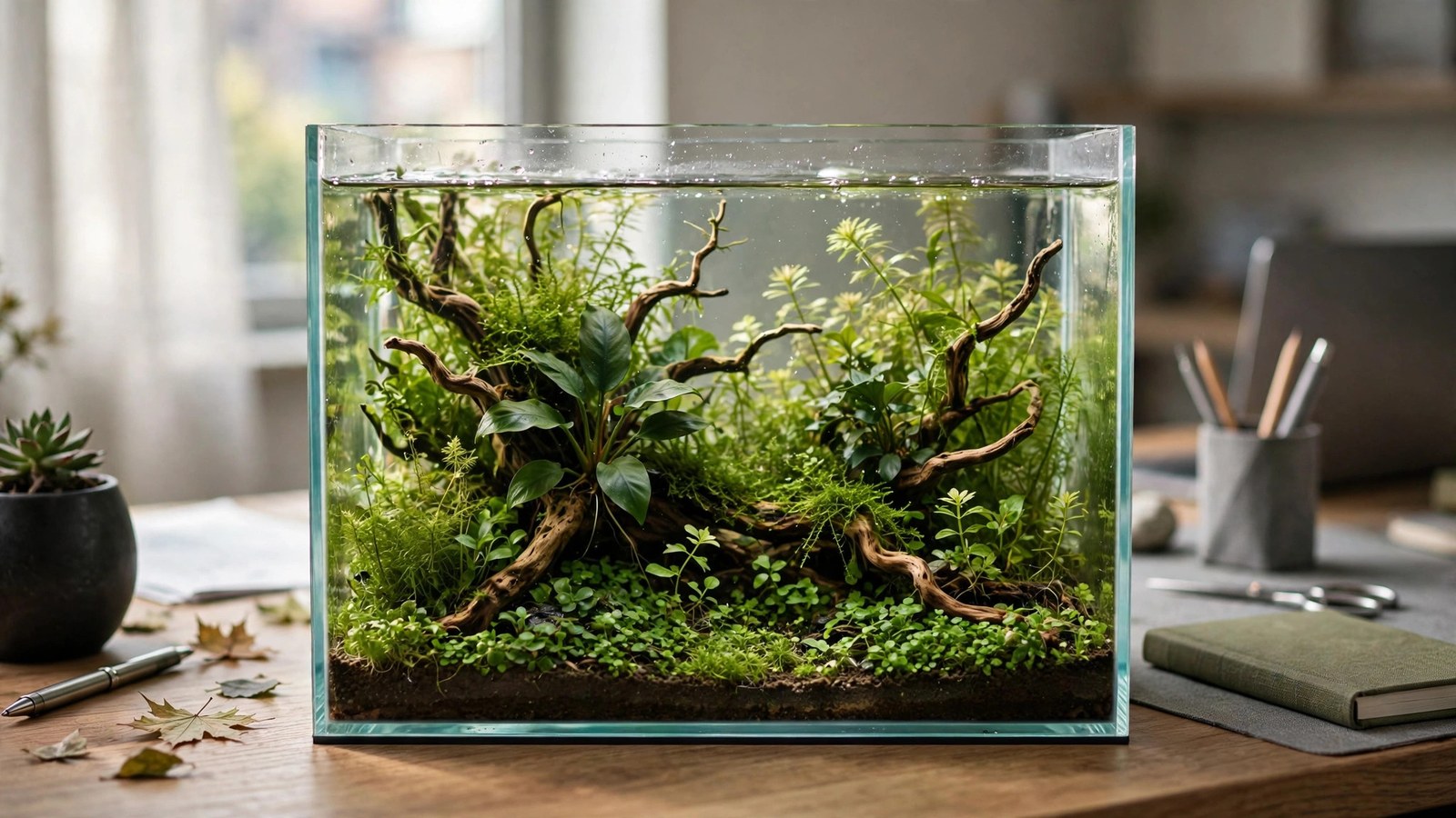 Small planted nano tank with shrimp on a work desk beside a laptop