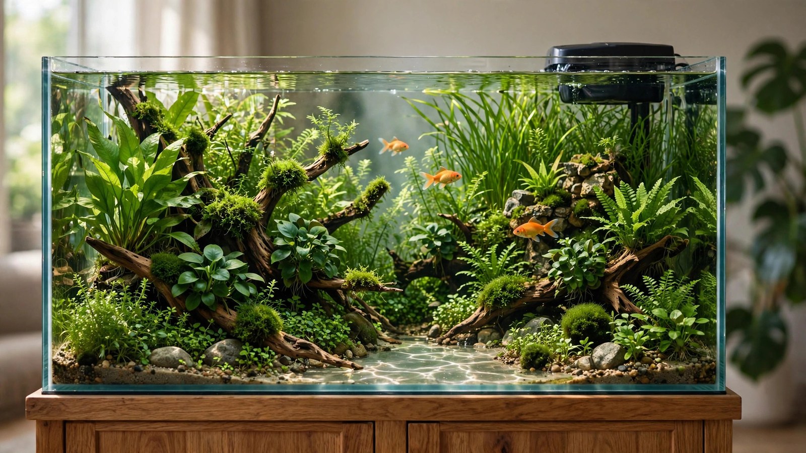 Fancy goldfish swimming among tough anubias and java fern tied to driftwood