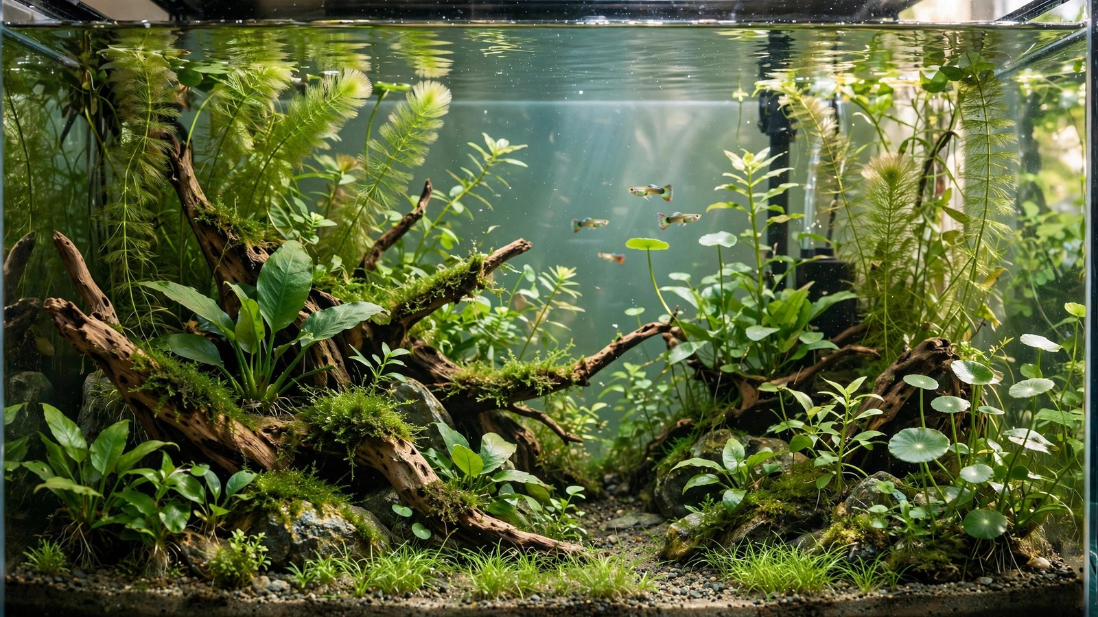 Colorful male guppies displaying among green vallisneria and hornwort in a planted tank