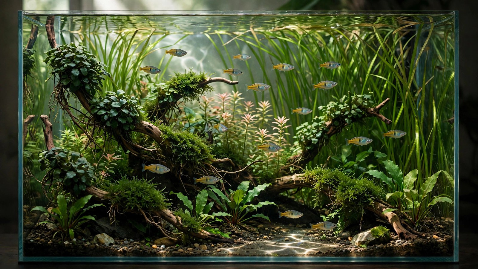 Boeseman's rainbowfish schooling through vallisneria in a bright planted aquarium
