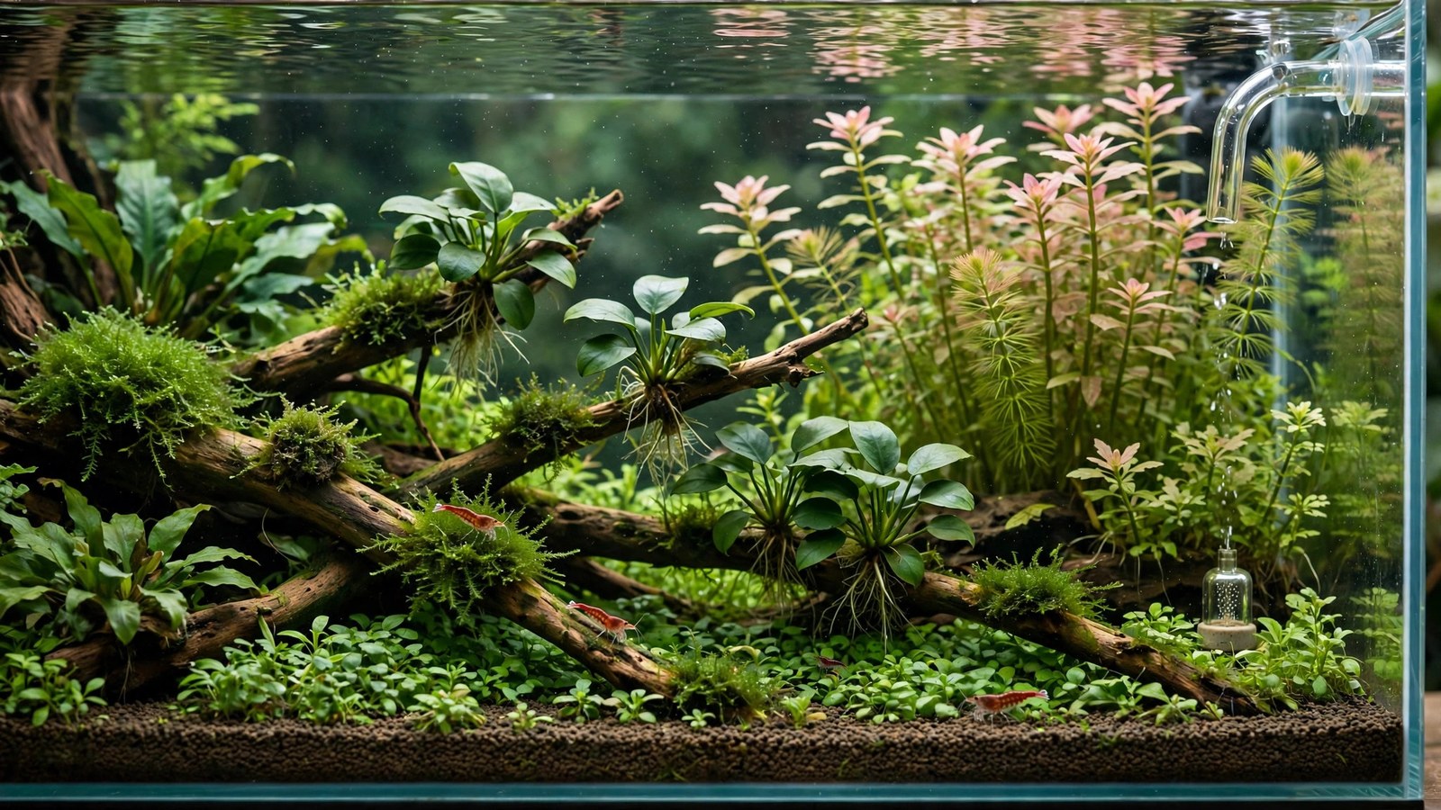 Dense planted shrimp tank with moss-covered driftwood and red cherry shrimp grazing