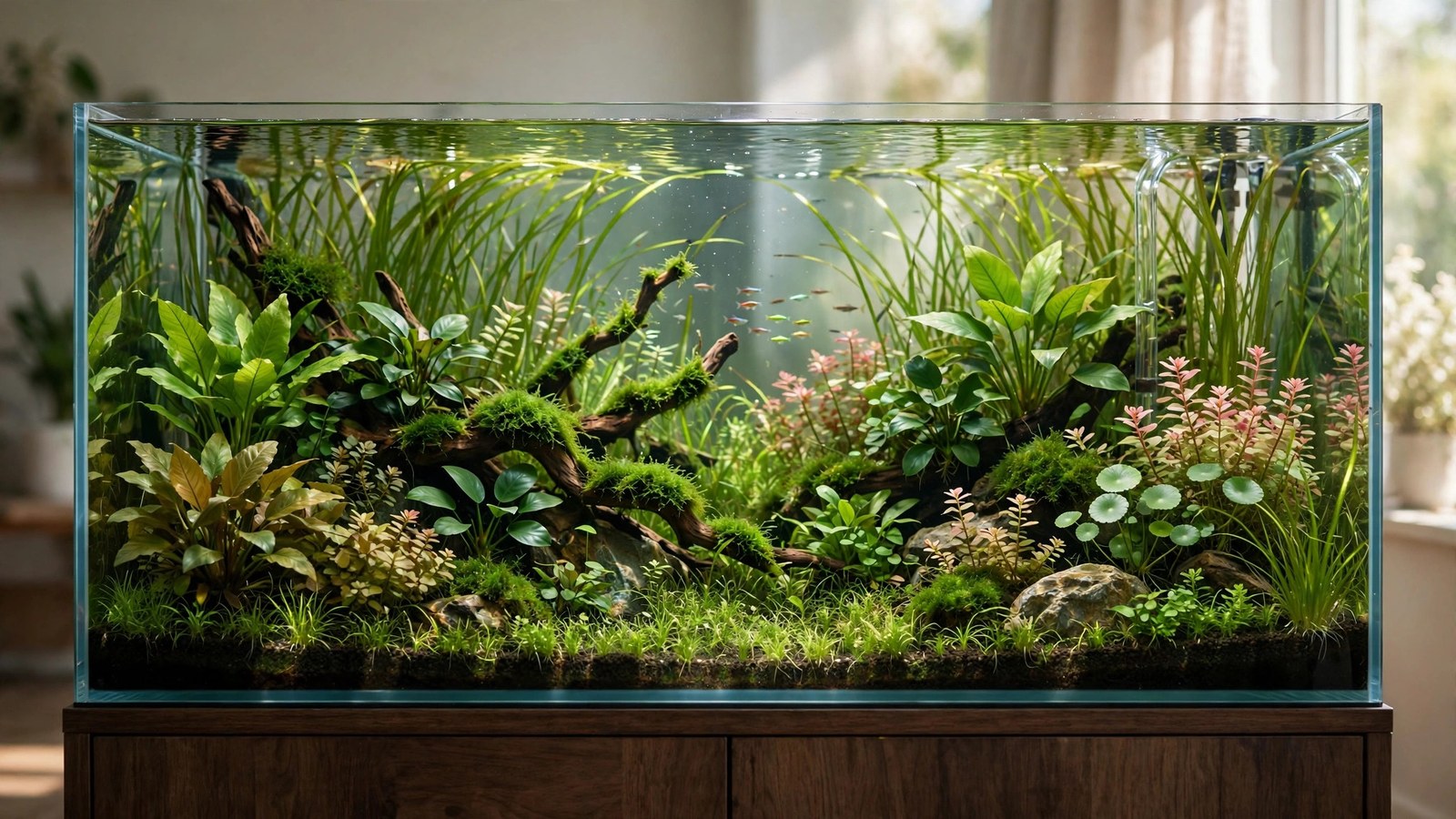 Planted 40-gallon breeder with island hardscape, Amazon swords, and cardinal tetra school