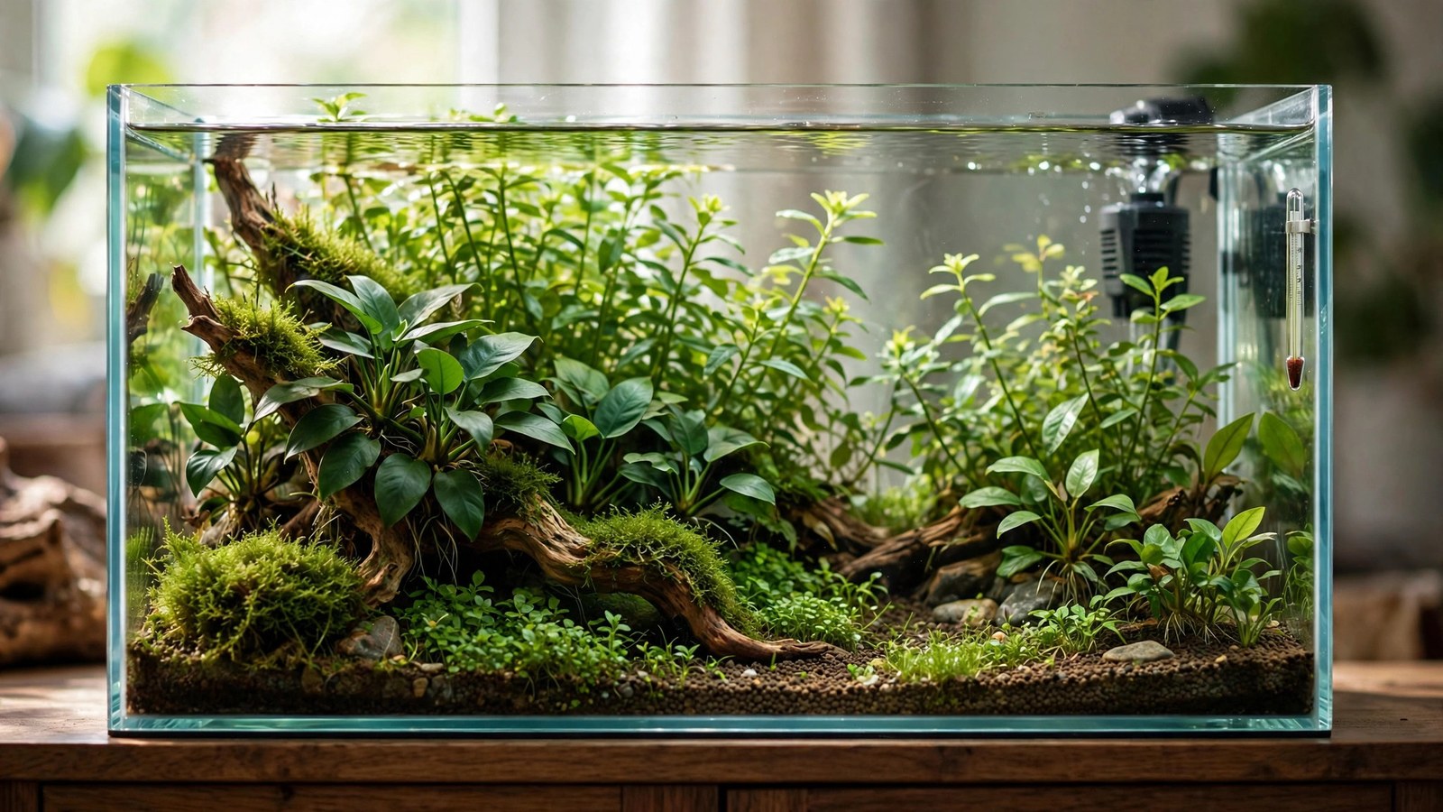 Planted 5-gallon nano cube with betta, anubias petite, mossy stone, and dwarf sagittaria