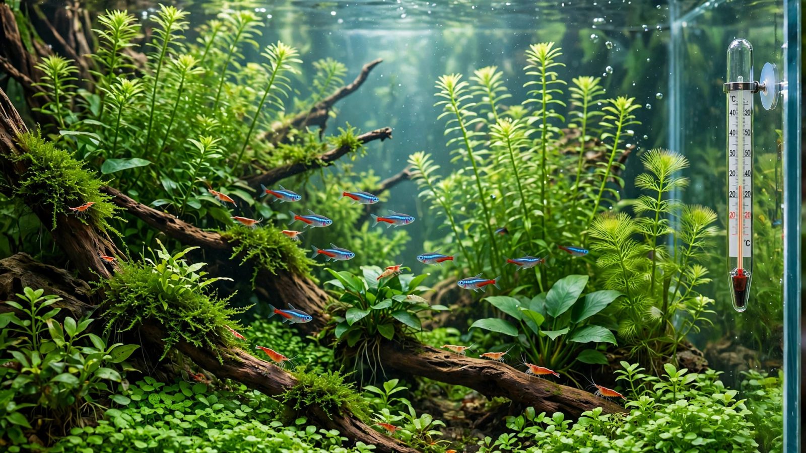 Thriving planted aquarium with thermometer on the glass