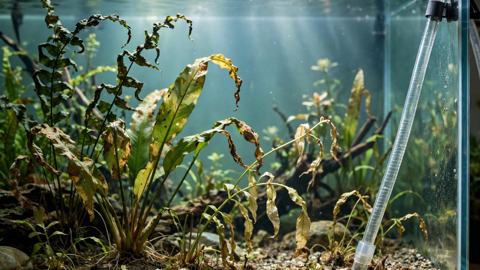 Stressed drooping aquarium plants with a siphon hose visible during a water change