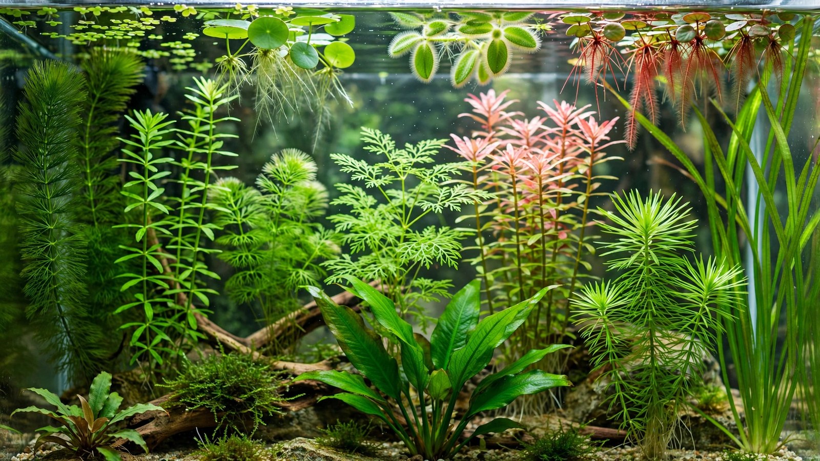 Fast-growing hornwort and water sprite absorbing nitrates in a planted aquarium