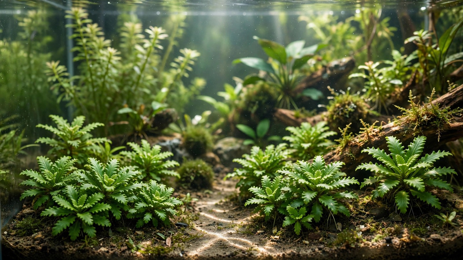 Pogostemon helferi Downoi rosettes with curly bright-green leaves carpeting aquarium substrate