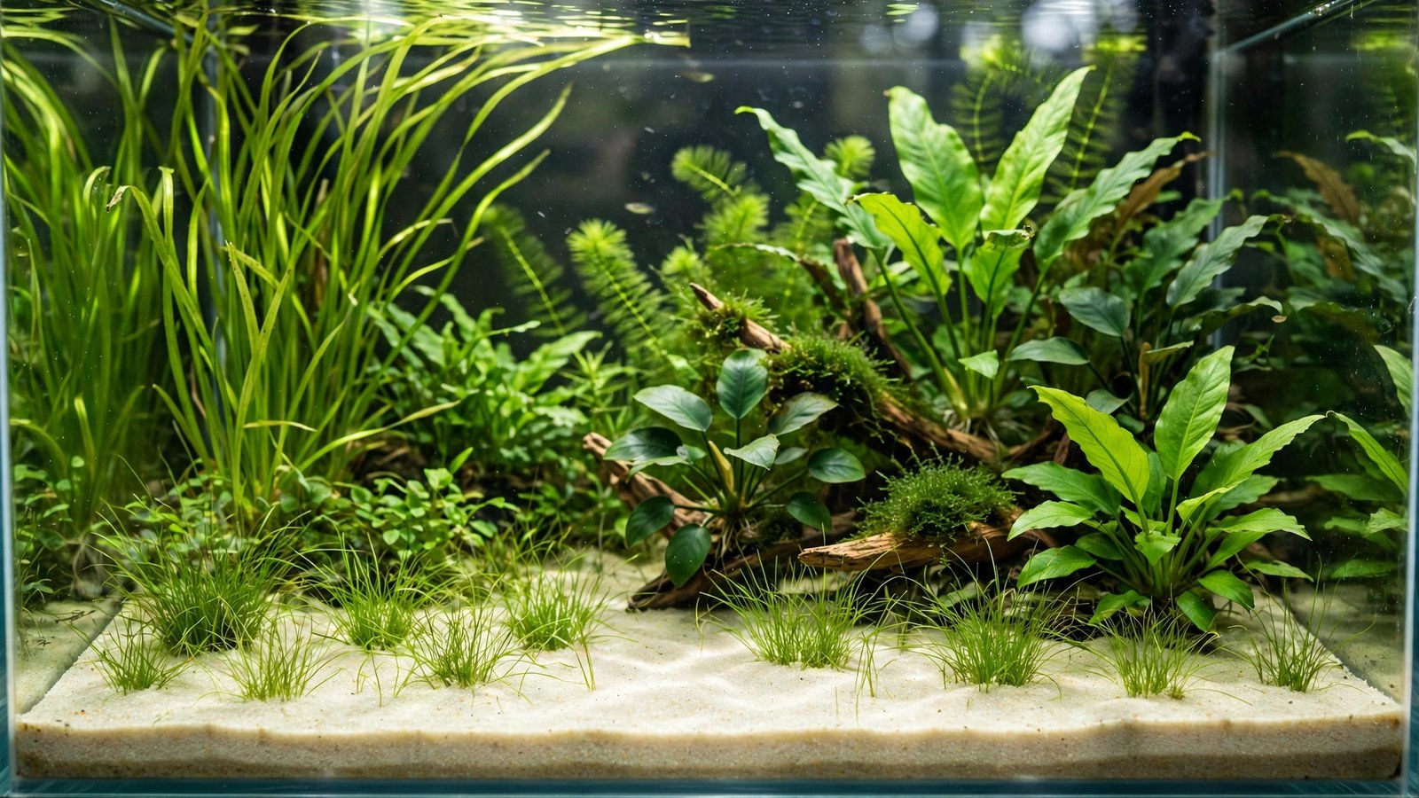 Natural tan pool filter sand substrate in a planted aquarium with corydoras catfish