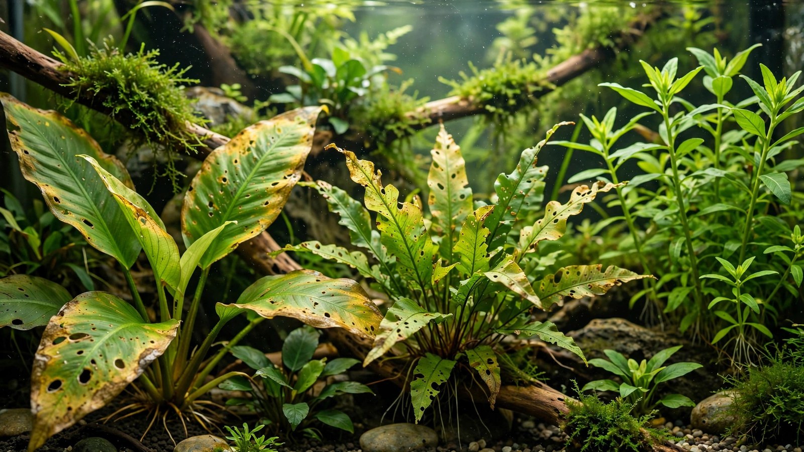Aquarium plant leaf showing potassium deficiency pinholes with yellow halos