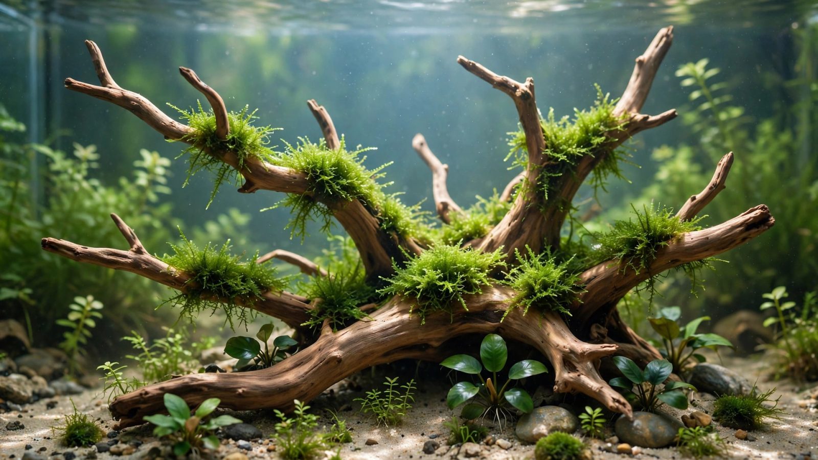 Clean prepared driftwood with mosses in a clear planted aquarium