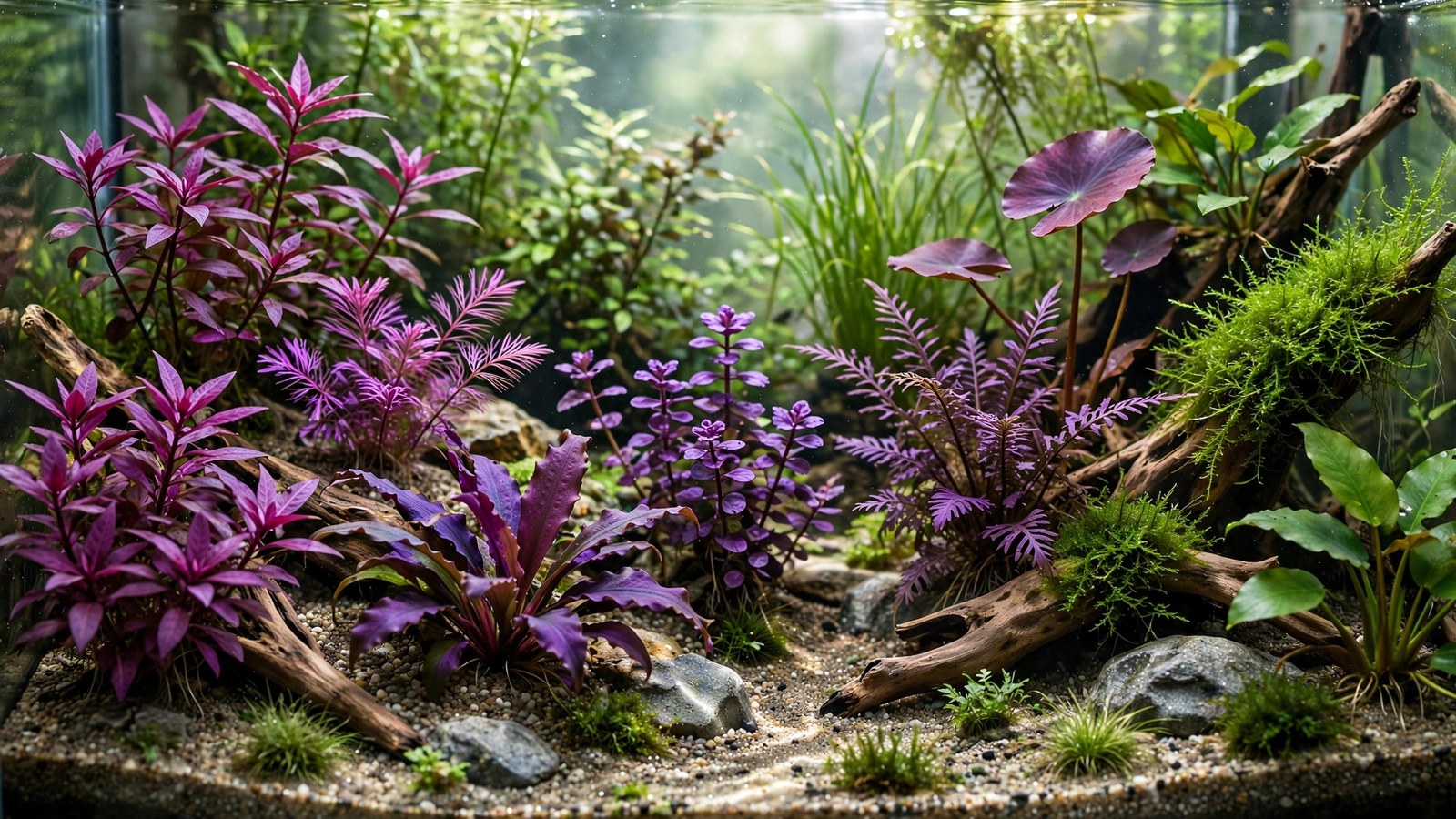 Purple rotala stems and violet bucephalandra leaves in a high-light aquascape